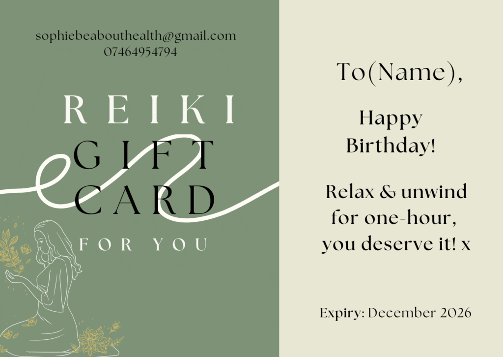 Reiki gift card design from Be About Health, available in Chard and Yeovil.